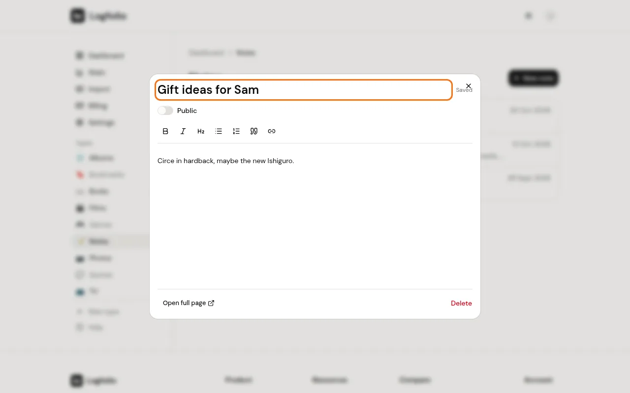 An open note with its title and toolbar